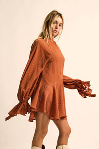At Last Striped Chiffon Bishop-Sleeve Layered Mini Dress - ShopPromesa