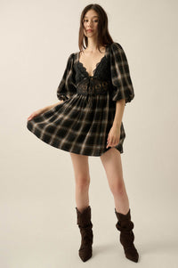 County Fair Plaid and Lace Balloon-Sleeve Mini Dress - ShopPromesa