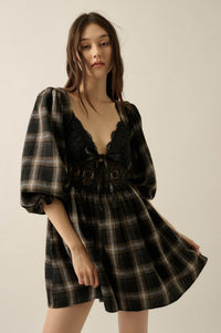 County Fair Plaid and Lace Balloon-Sleeve Mini Dress - ShopPromesa