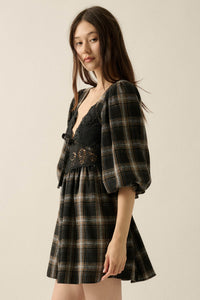 County Fair Plaid and Lace Balloon-Sleeve Mini Dress - ShopPromesa