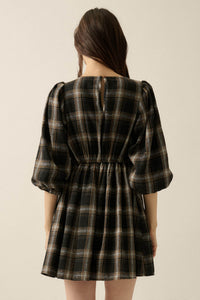 County Fair Plaid and Lace Balloon-Sleeve Mini Dress - ShopPromesa
