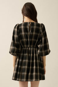 County Fair Plaid and Lace Balloon-Sleeve Mini Dress - ShopPromesa