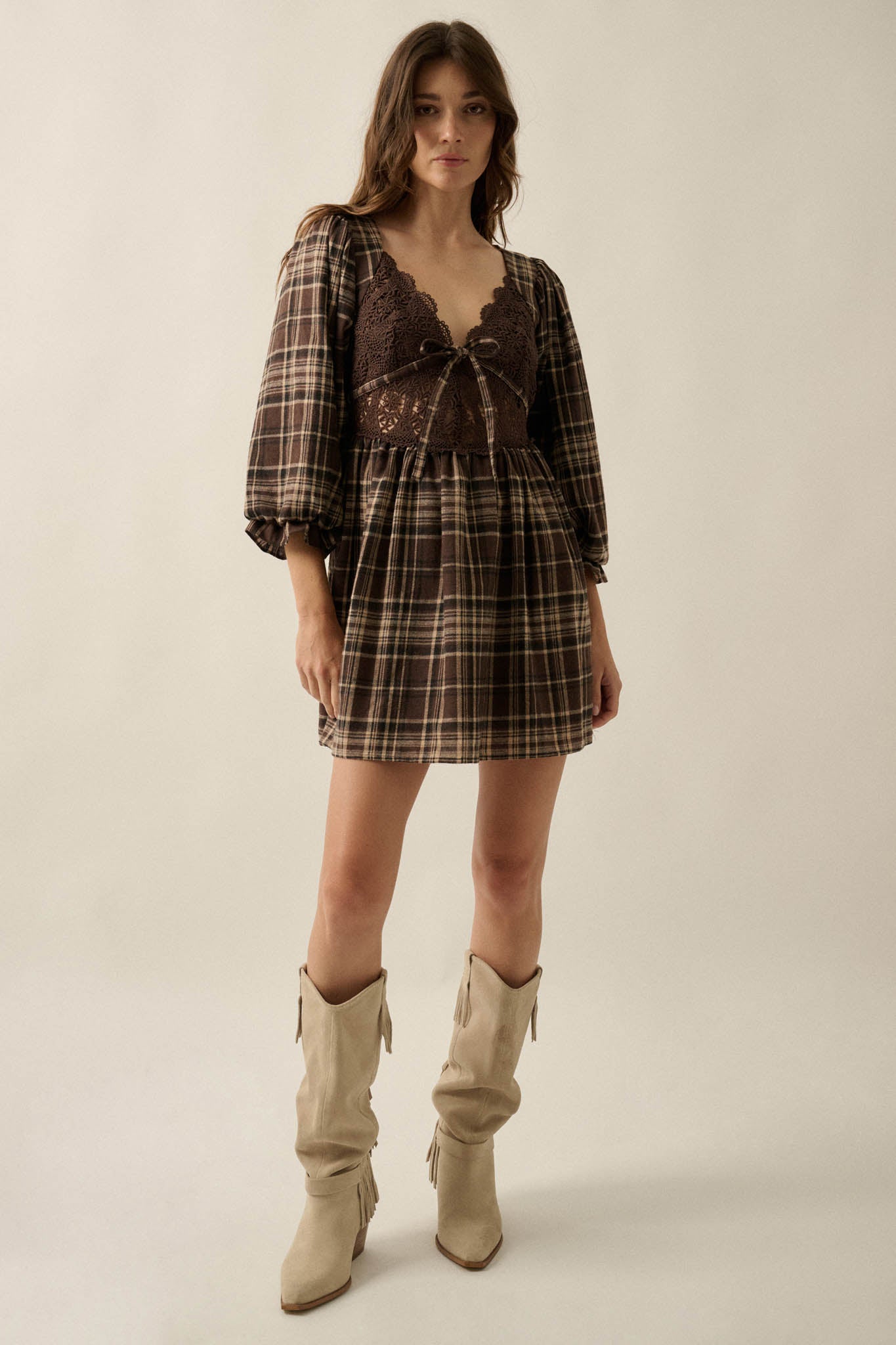County Fair Plaid and Lace Balloon-Sleeve Mini Dress - ShopPromesa