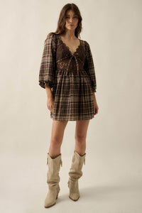 County Fair Plaid and Lace Balloon-Sleeve Mini Dress - ShopPromesa