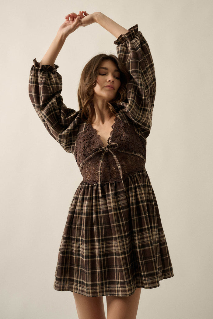County Fair Plaid and Lace Balloon-Sleeve Mini Dress - ShopPromesa