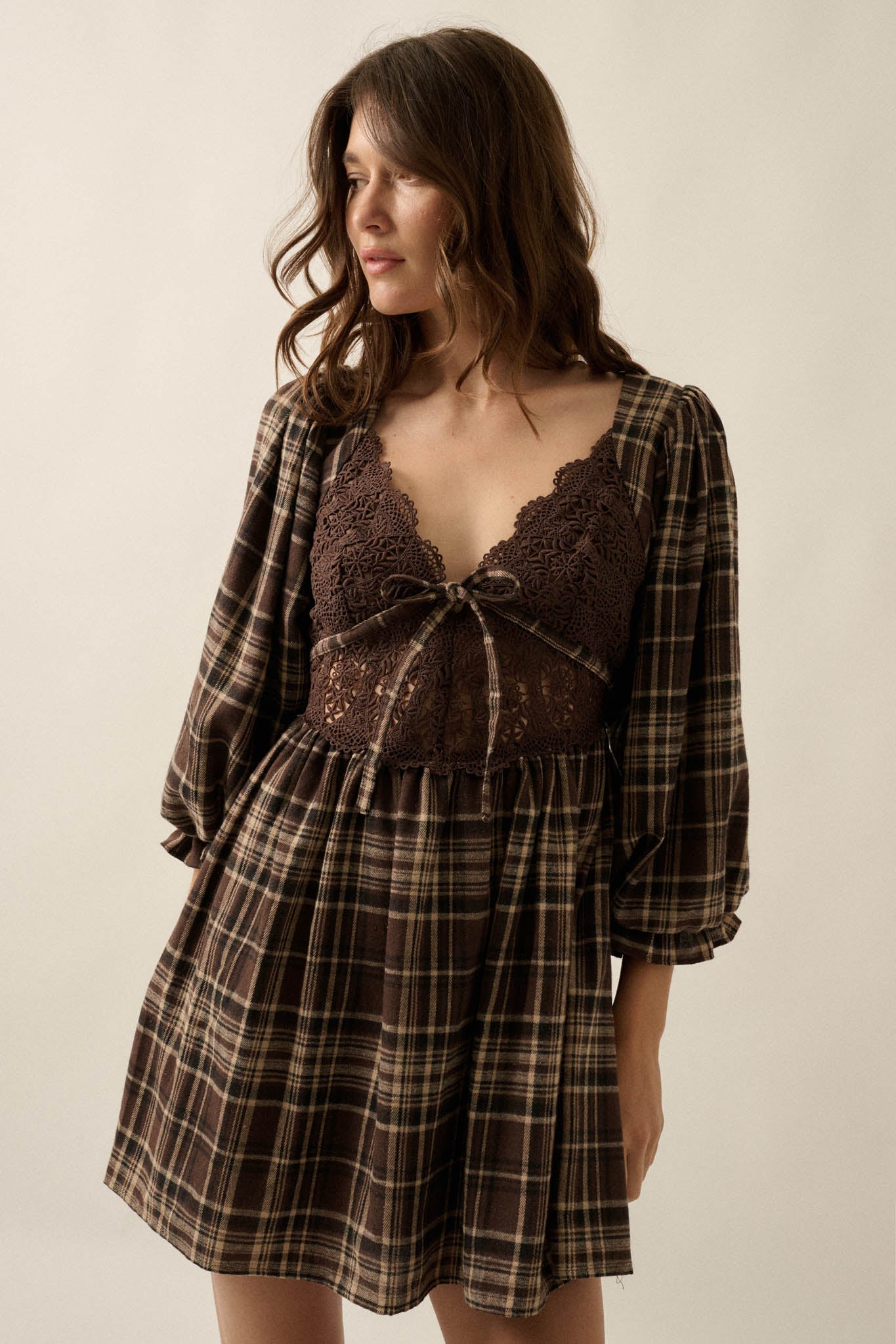 County Fair Plaid and Lace Balloon-Sleeve Mini Dress - ShopPromesa