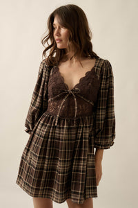 County Fair Plaid and Lace Balloon-Sleeve Mini Dress - ShopPromesa