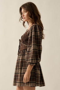 County Fair Plaid and Lace Balloon-Sleeve Mini Dress - ShopPromesa