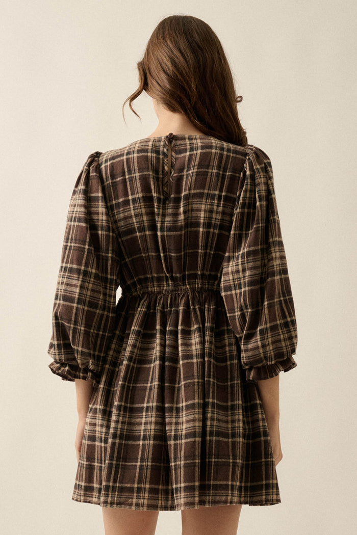 County Fair Plaid and Lace Balloon-Sleeve Mini Dress - ShopPromesa