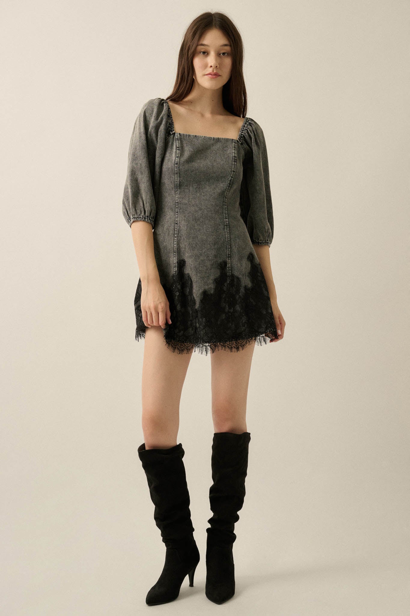 Dreamy in Denim Lace-Hem Balloon-Sleeve Mini Dress - ShopPromesa