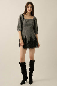 Dreamy in Denim Lace-Hem Balloon-Sleeve Mini Dress - ShopPromesa