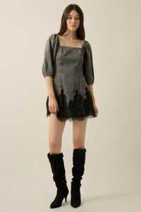 Dreamy in Denim Lace-Hem Balloon-Sleeve Mini Dress - ShopPromesa
