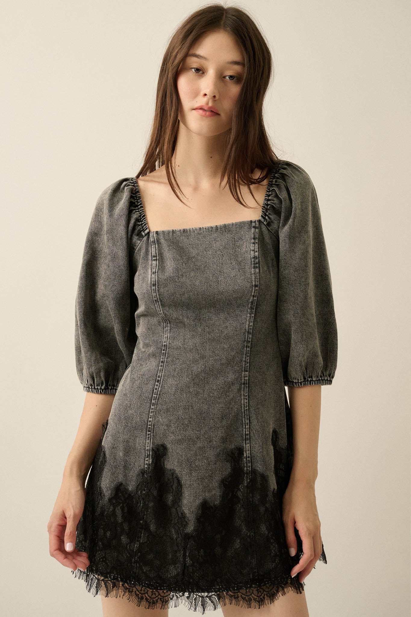 Dreamy in Denim Lace-Hem Balloon-Sleeve Mini Dress - ShopPromesa