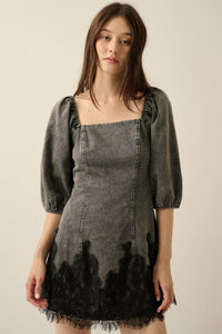 Dreamy in Denim Lace-Hem Balloon-Sleeve Mini Dress - ShopPromesa