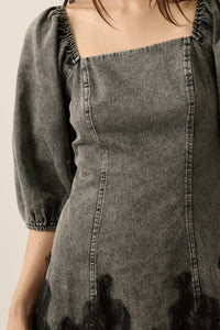 Dreamy in Denim Lace-Hem Balloon-Sleeve Mini Dress - ShopPromesa