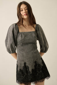 Dreamy in Denim Lace-Hem Balloon-Sleeve Mini Dress - ShopPromesa