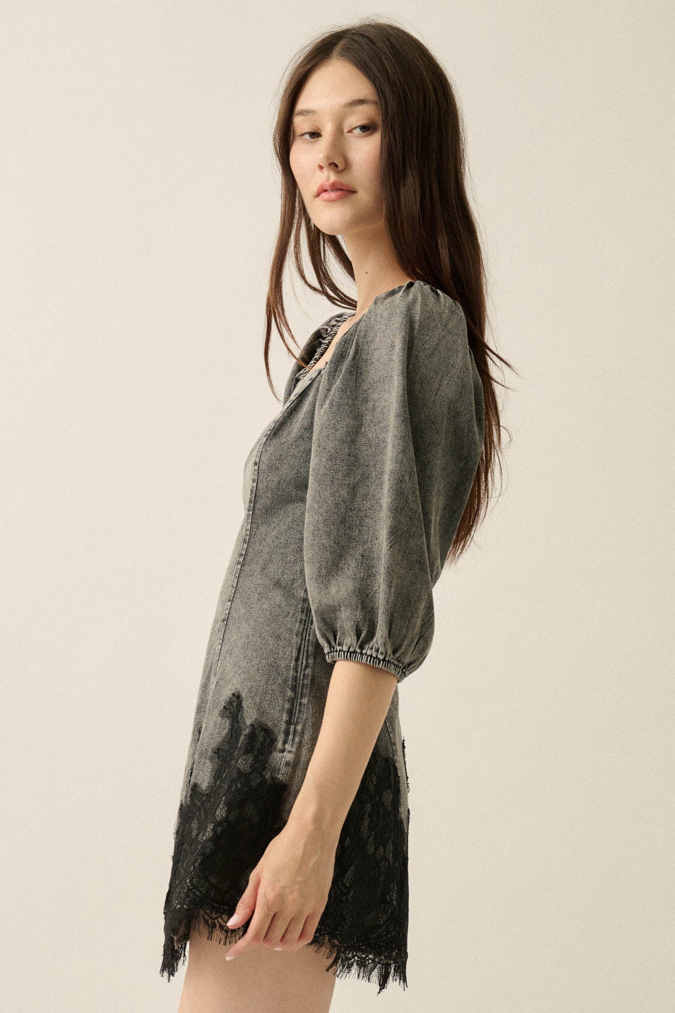 Dreamy in Denim Lace-Hem Balloon-Sleeve Mini Dress - ShopPromesa