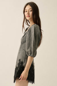 Dreamy in Denim Lace-Hem Balloon-Sleeve Mini Dress - ShopPromesa
