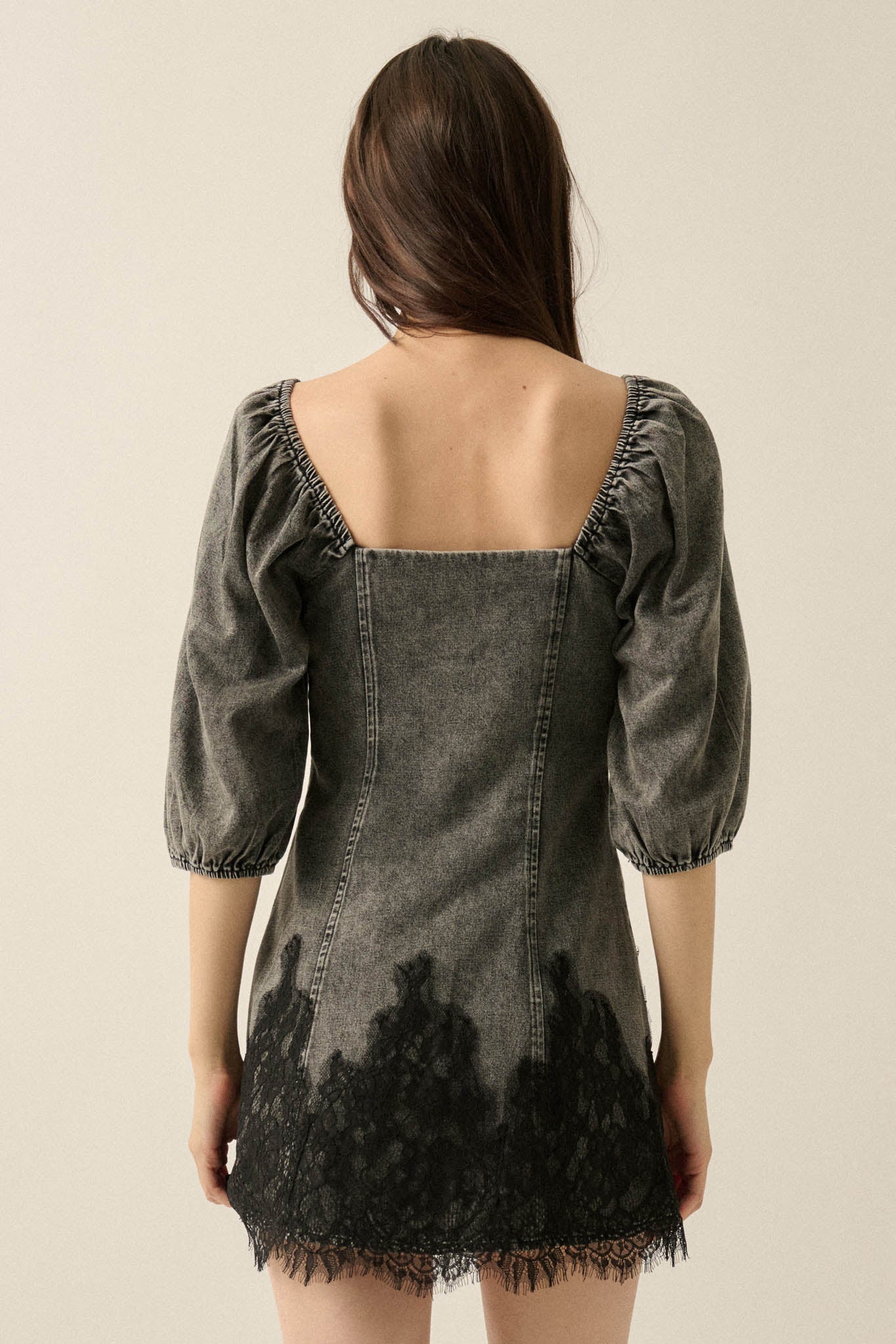 Dreamy in Denim Lace-Hem Balloon-Sleeve Mini Dress - ShopPromesa