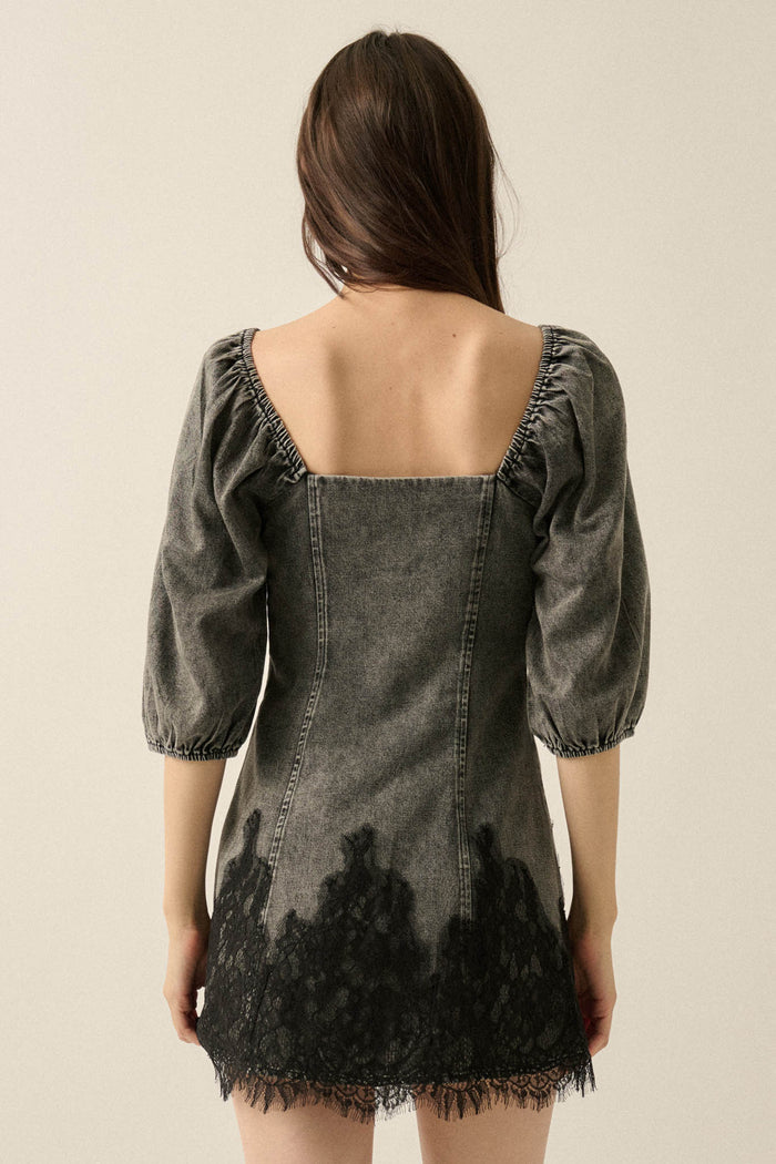 Dreamy in Denim Lace-Hem Balloon-Sleeve Mini Dress - ShopPromesa