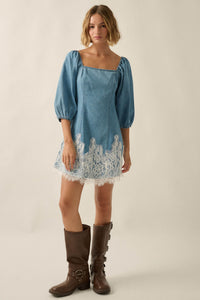 Dreamy in Denim Lace-Hem Balloon-Sleeve Mini Dress - ShopPromesa