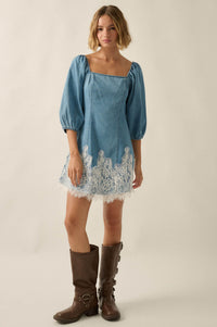 Dreamy in Denim Lace-Hem Balloon-Sleeve Mini Dress - ShopPromesa