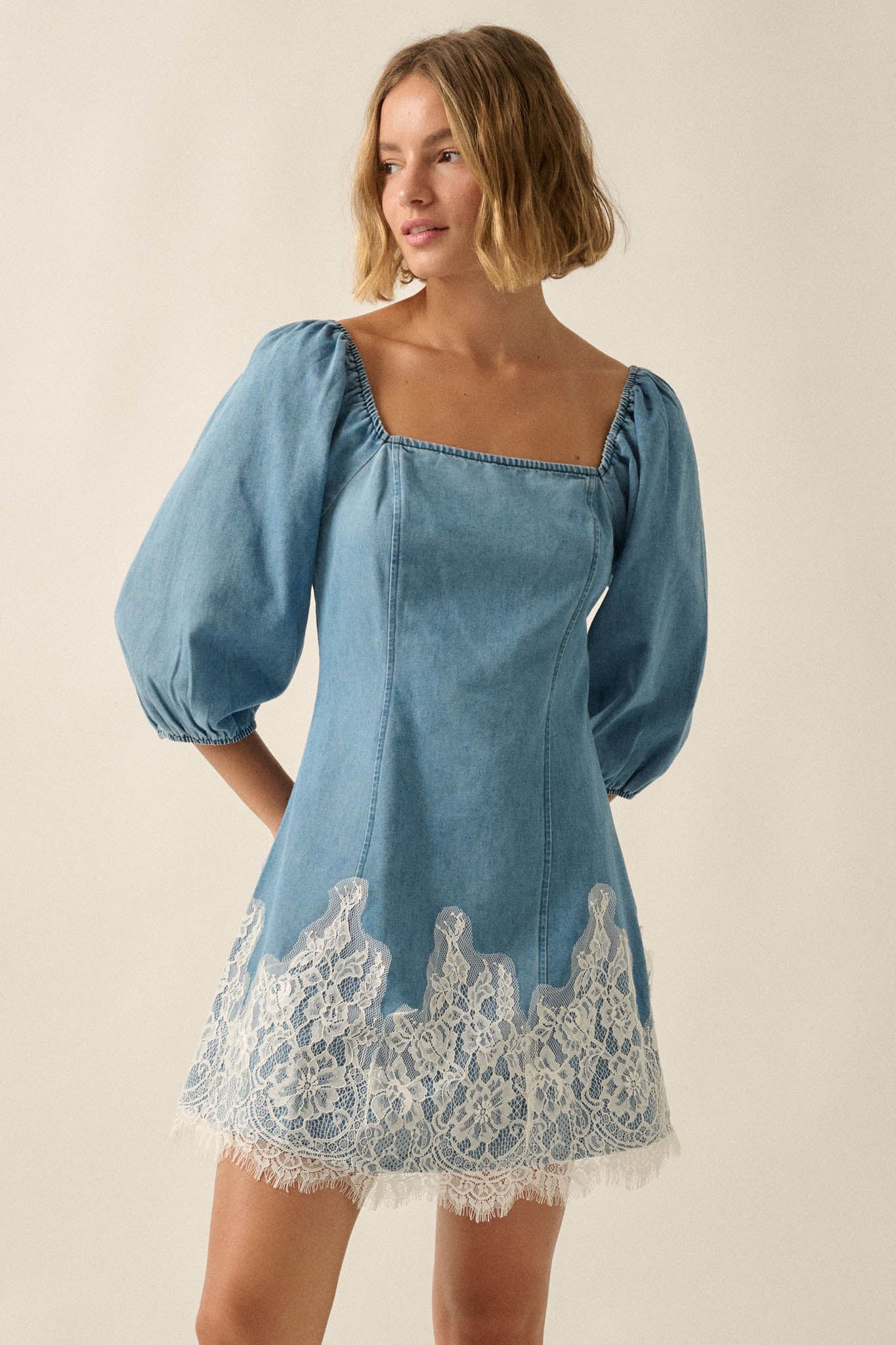Dreamy in Denim Lace-Hem Balloon-Sleeve Mini Dress - ShopPromesa