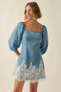 Dreamy in Denim Lace-Hem Balloon-Sleeve Mini Dress - ShopPromesa