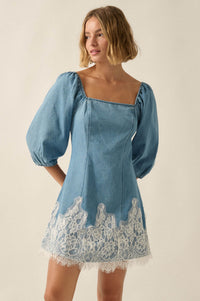 Dreamy in Denim Lace-Hem Balloon-Sleeve Mini Dress - ShopPromesa