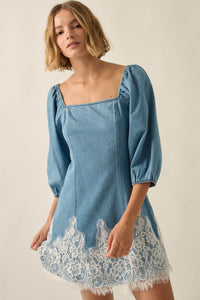 Dreamy in Denim Lace-Hem Balloon-Sleeve Mini Dress - ShopPromesa
