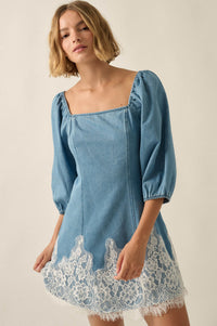 Dreamy in Denim Lace-Hem Balloon-Sleeve Mini Dress - ShopPromesa