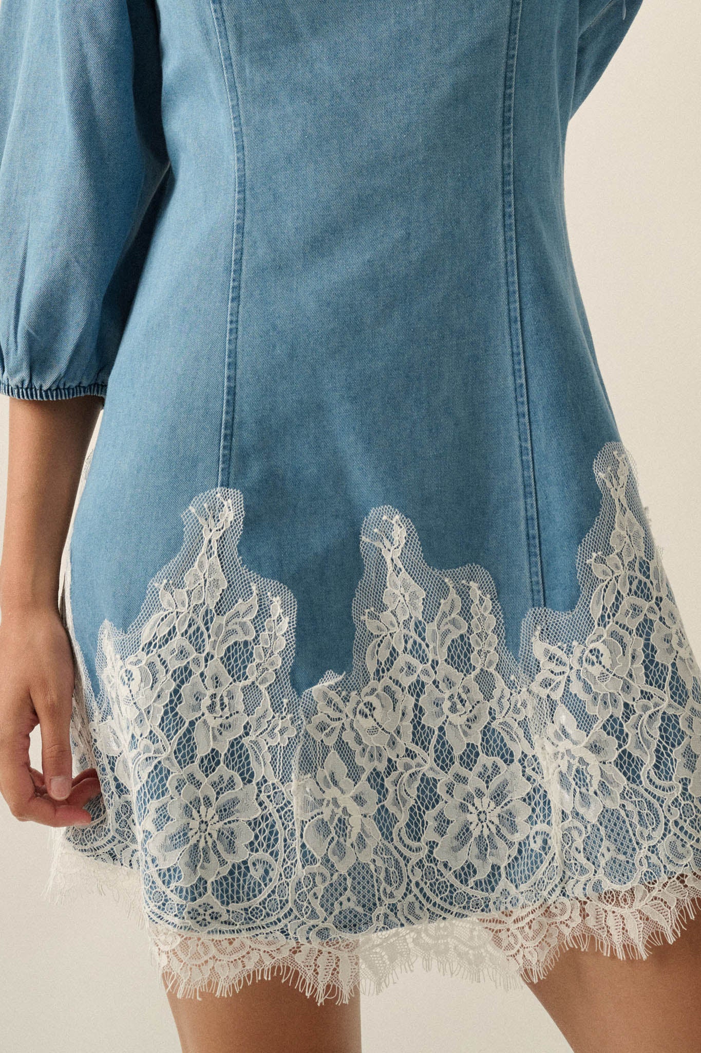 Dreamy in Denim Lace-Hem Balloon-Sleeve Mini Dress - ShopPromesa