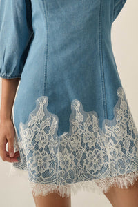 Dreamy in Denim Lace-Hem Balloon-Sleeve Mini Dress - ShopPromesa