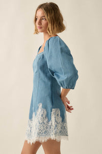Dreamy in Denim Lace-Hem Balloon-Sleeve Mini Dress - ShopPromesa