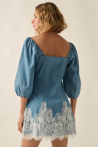 Dreamy in Denim Lace-Hem Balloon-Sleeve Mini Dress - ShopPromesa