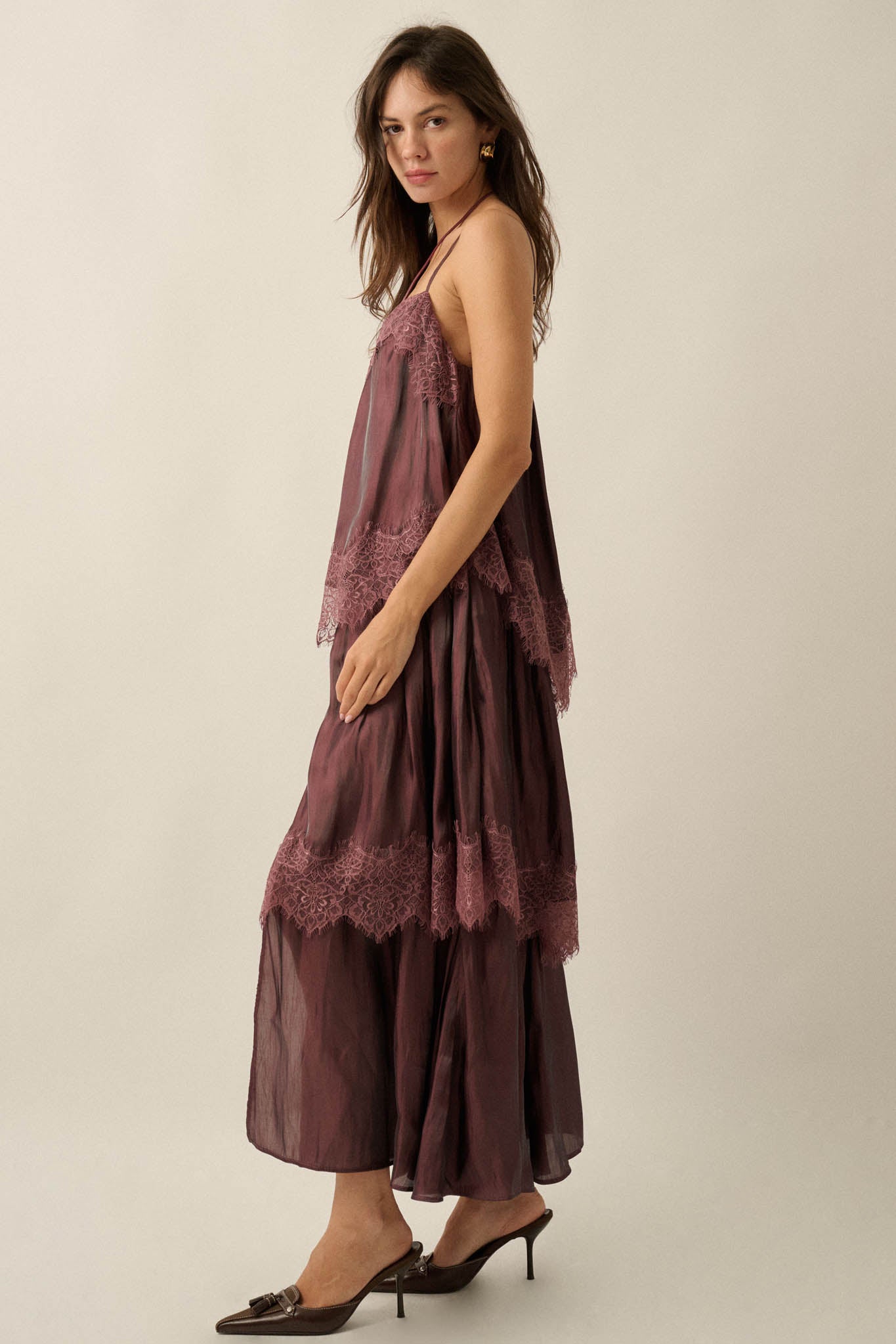Shine On Shimmer Chiffon Lace-Trim Tiered Maxi Dress - ShopPromesa