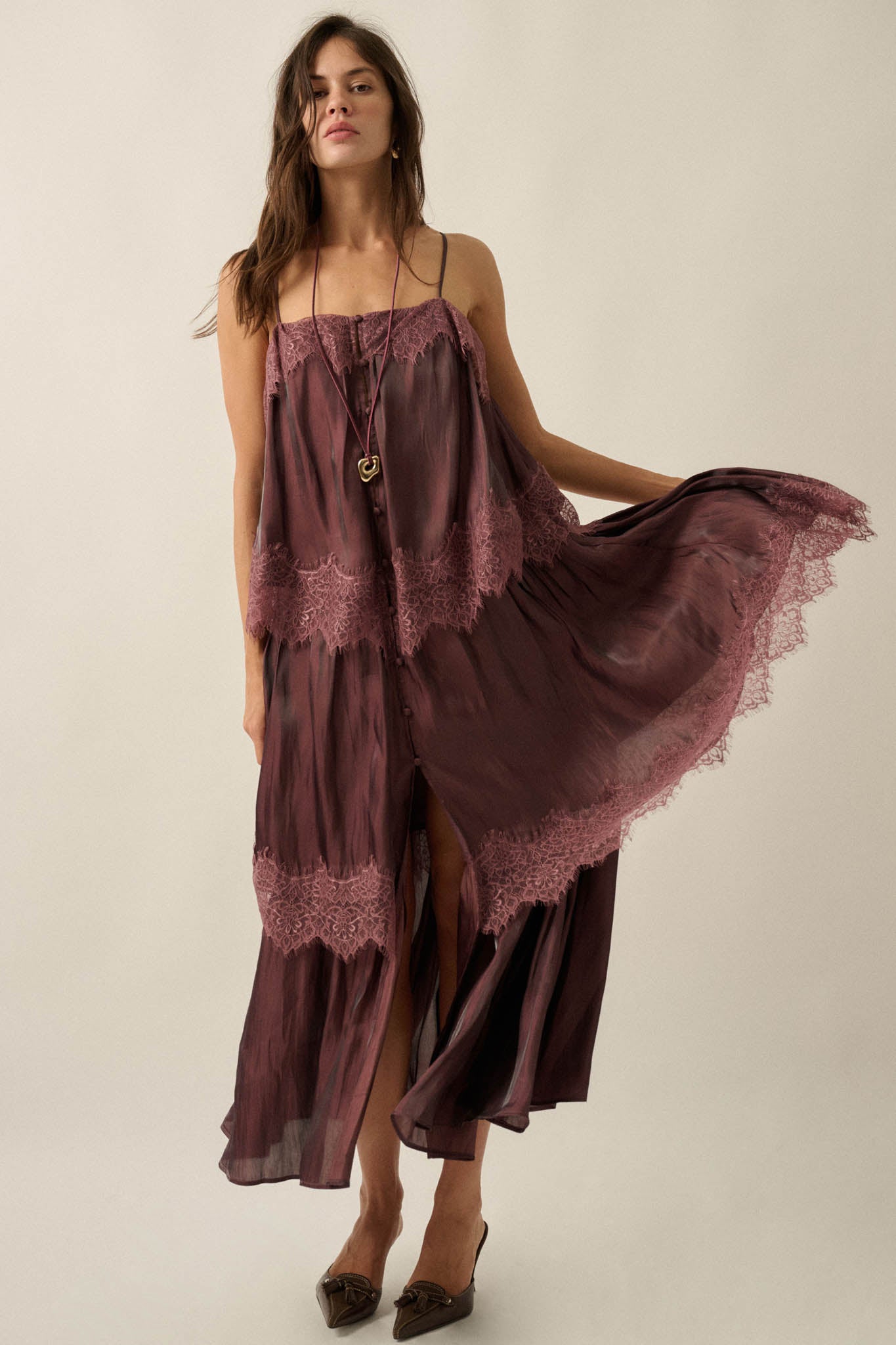 Shine On Shimmer Chiffon Lace-Trim Tiered Maxi Dress - ShopPromesa