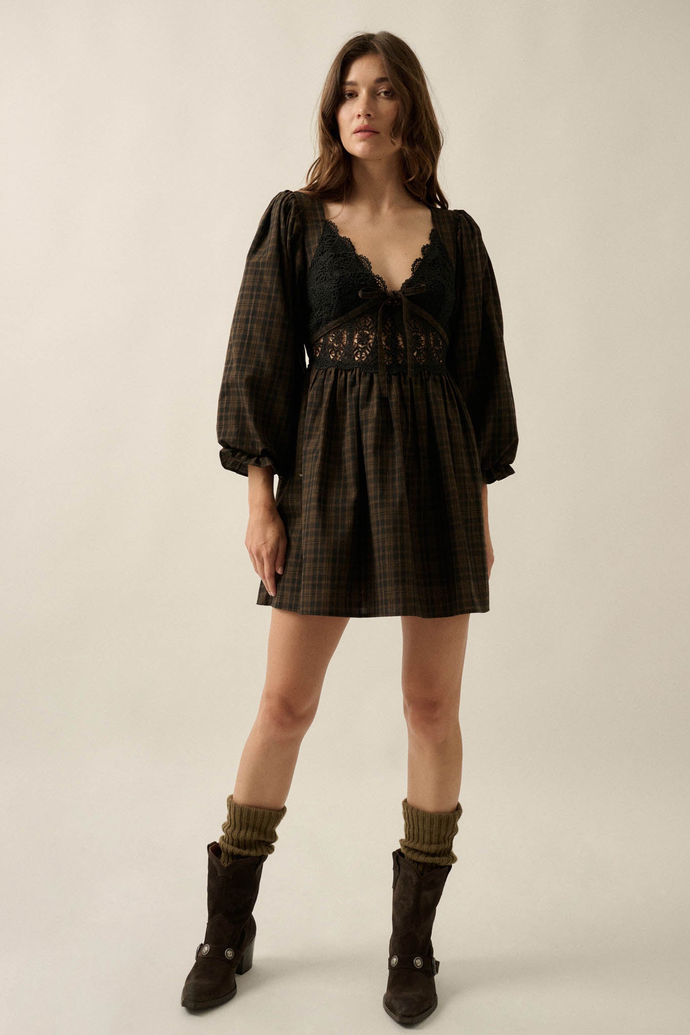Sweet Hazel Plaid and Lace Balloon-Sleeve Mini Dress - ShopPromesa