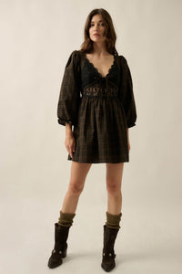 Sweet Hazel Plaid and Lace Balloon-Sleeve Mini Dress - ShopPromesa