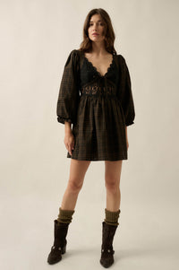 Sweet Hazel Plaid and Lace Balloon-Sleeve Mini Dress - ShopPromesa