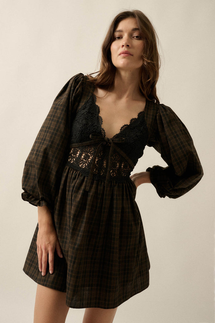 Sweet Hazel Plaid and Lace Balloon-Sleeve Mini Dress - ShopPromesa
