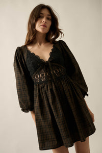 Sweet Hazel Plaid and Lace Balloon-Sleeve Mini Dress - ShopPromesa