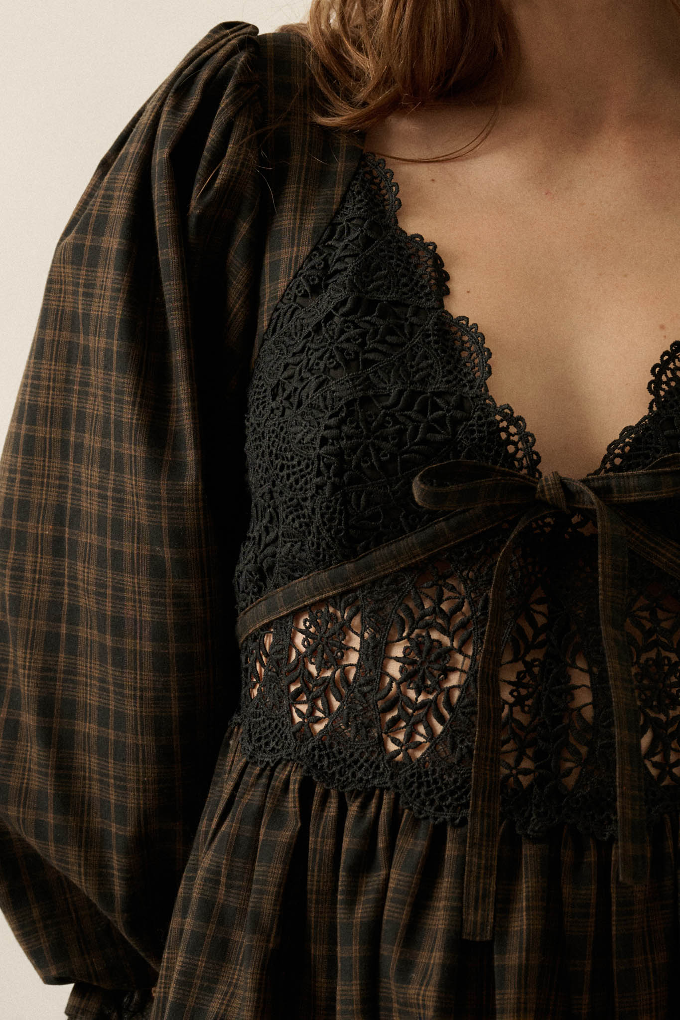 Sweet Hazel Plaid and Lace Balloon-Sleeve Mini Dress - ShopPromesa