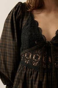 Sweet Hazel Plaid and Lace Balloon-Sleeve Mini Dress - ShopPromesa
