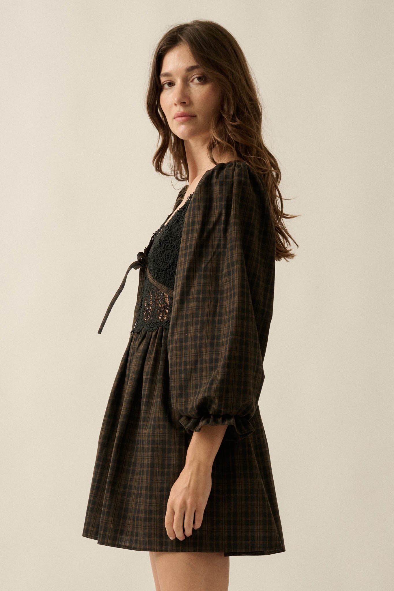 Sweet Hazel Plaid and Lace Balloon-Sleeve Mini Dress - ShopPromesa