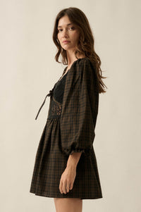Sweet Hazel Plaid and Lace Balloon-Sleeve Mini Dress - ShopPromesa