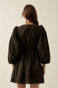 Sweet Hazel Plaid and Lace Balloon-Sleeve Mini Dress - ShopPromesa