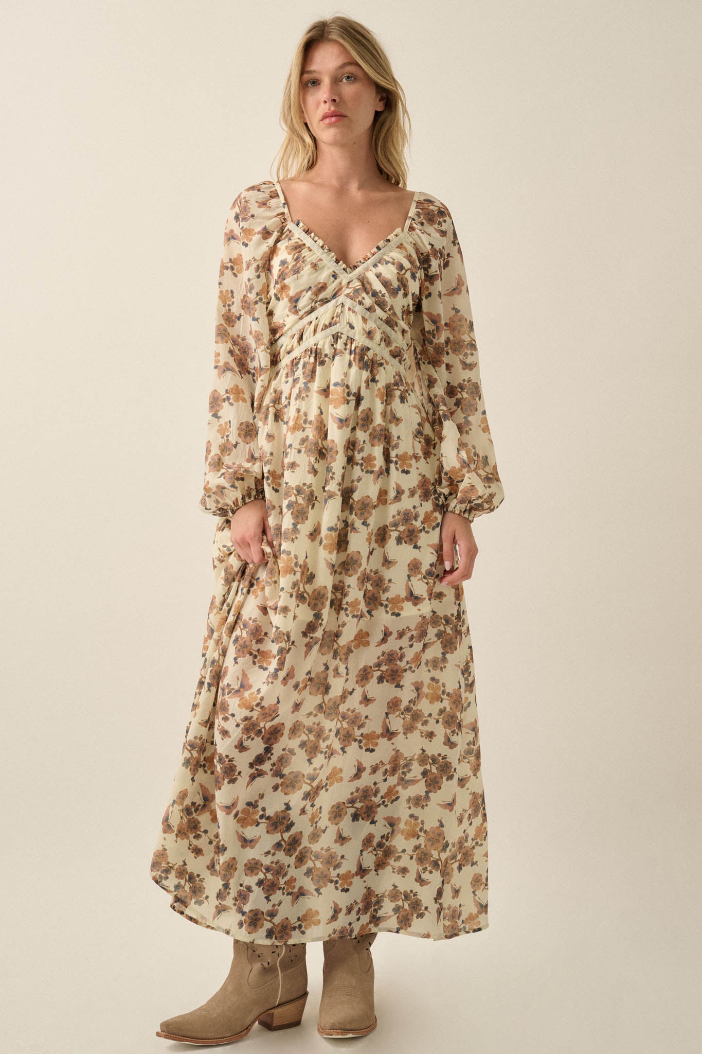 Butterfly Waltz Floral Balloon-Sleeve Maxi Dress - ShopPromesa
