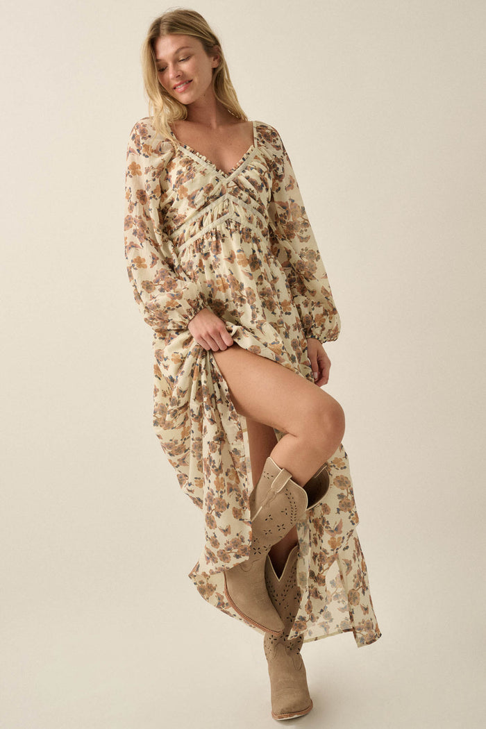 Butterfly Waltz Floral Balloon-Sleeve Maxi Dress - ShopPromesa