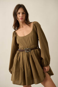Better World Plaid Balloon-Sleeve Babydoll Mini Dress - ShopPromesa